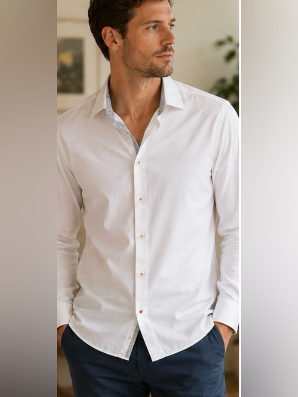 Ted Baker London Mens White Long Sleeve Button Down Shirt Size 4 Pattern Trim